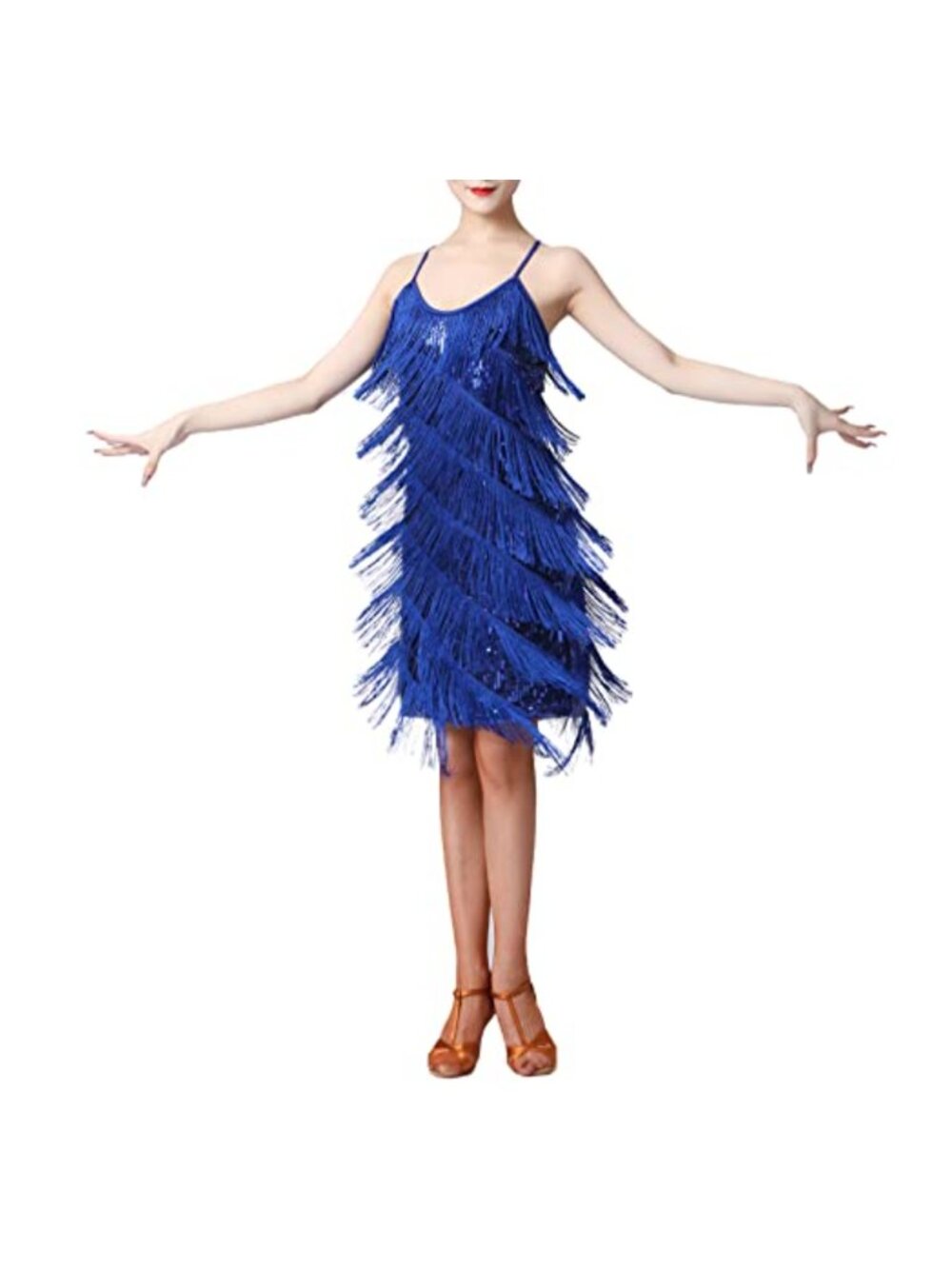 ODASDO Latin Dance Dress Sequin Tassel Spaghetti Strap Salsa Tango Costume